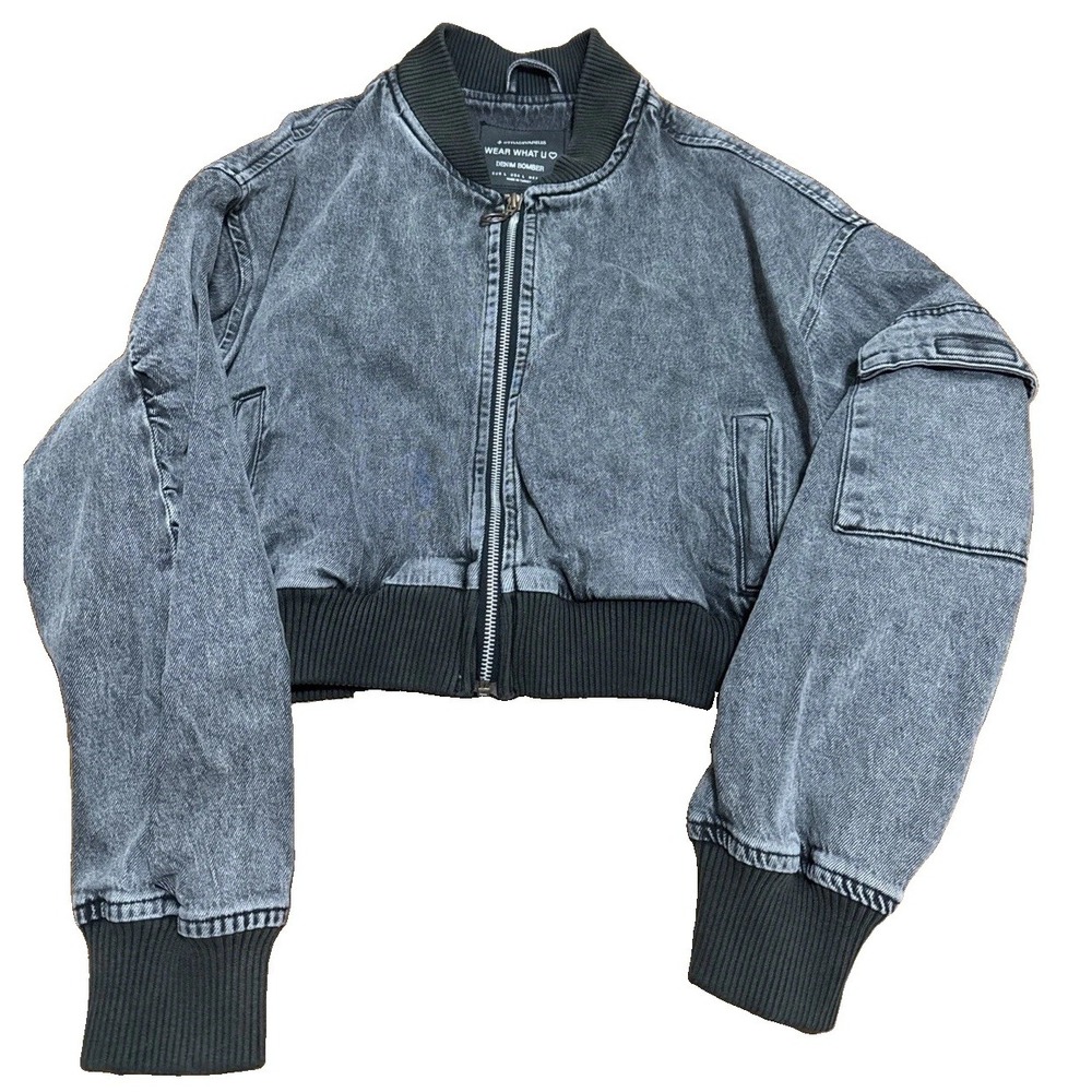 Stradivarius Denim Bomber Jacket Faded Black Cropped Full Zip L